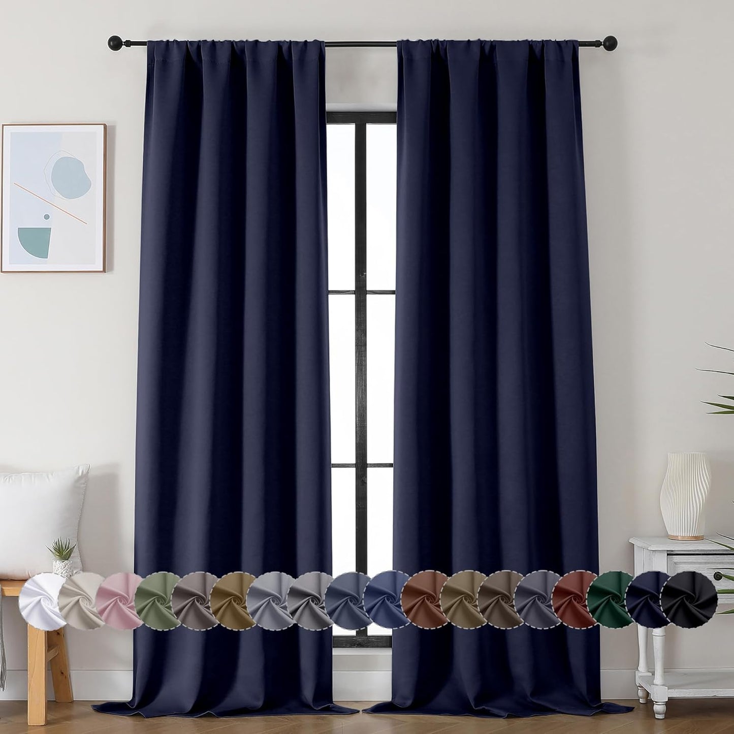 Simplebrand Ava Navy Blue Blackout Curtains for Bedroom 90 Inches Long 2 Panels Set, Solid Privacy Energy Saving Living Room Window Treatment Curtains Blackout Drapes, W40 x L90 Inch, Navy Blue