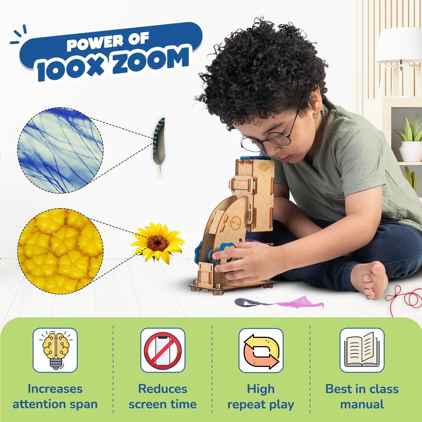 Smartivity Microscope 100x Zoom STEM Toy for Kids Age 8 to 14 Years Old | Cool Birthday Gifts Ideas for Boys & Girls | DIY Science Toys for 8,9,10,11,12,13,14 Years I Wooden Engineering Game