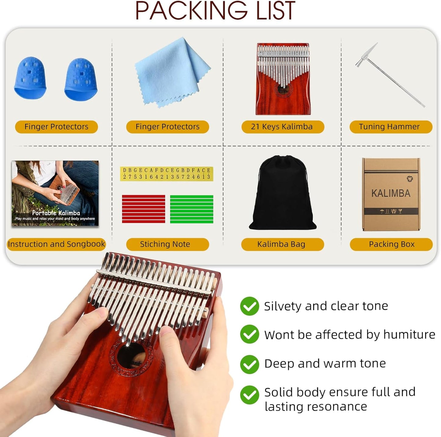 Kalimba Thumb Piano,YUNDIE Portable 21 Keys Mbira Finger Piano with Tune Hammer and Study Instruction,Musical Instruments Gift for Adult Beginners Professional(Brownish Red) (21 Keys)