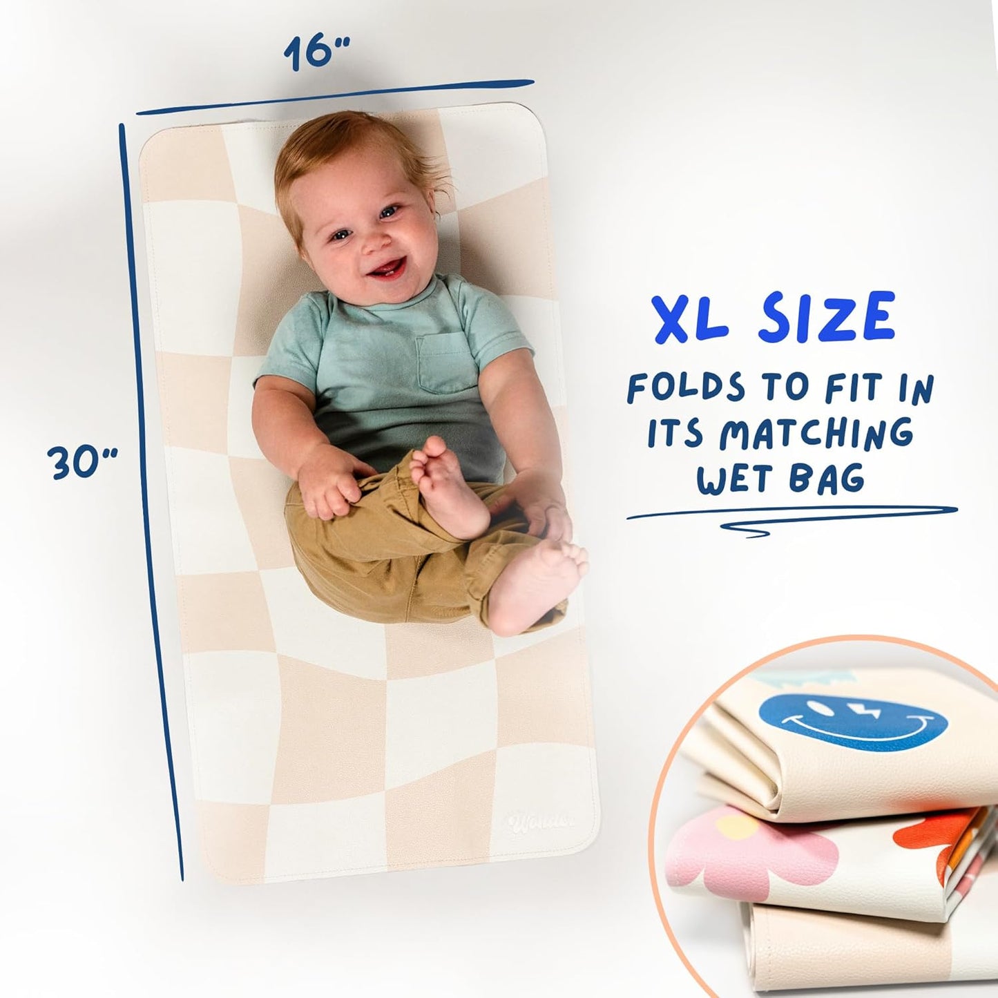 Leather Changing Mat with Reusable Waterproof Wet Bag, (16 x 30 Inches) Baby Changing Mat, Non-Toxic Changing Pad Portable Folds and Wipes Clean, Baby Changing Pad Travel (Smiley Face)