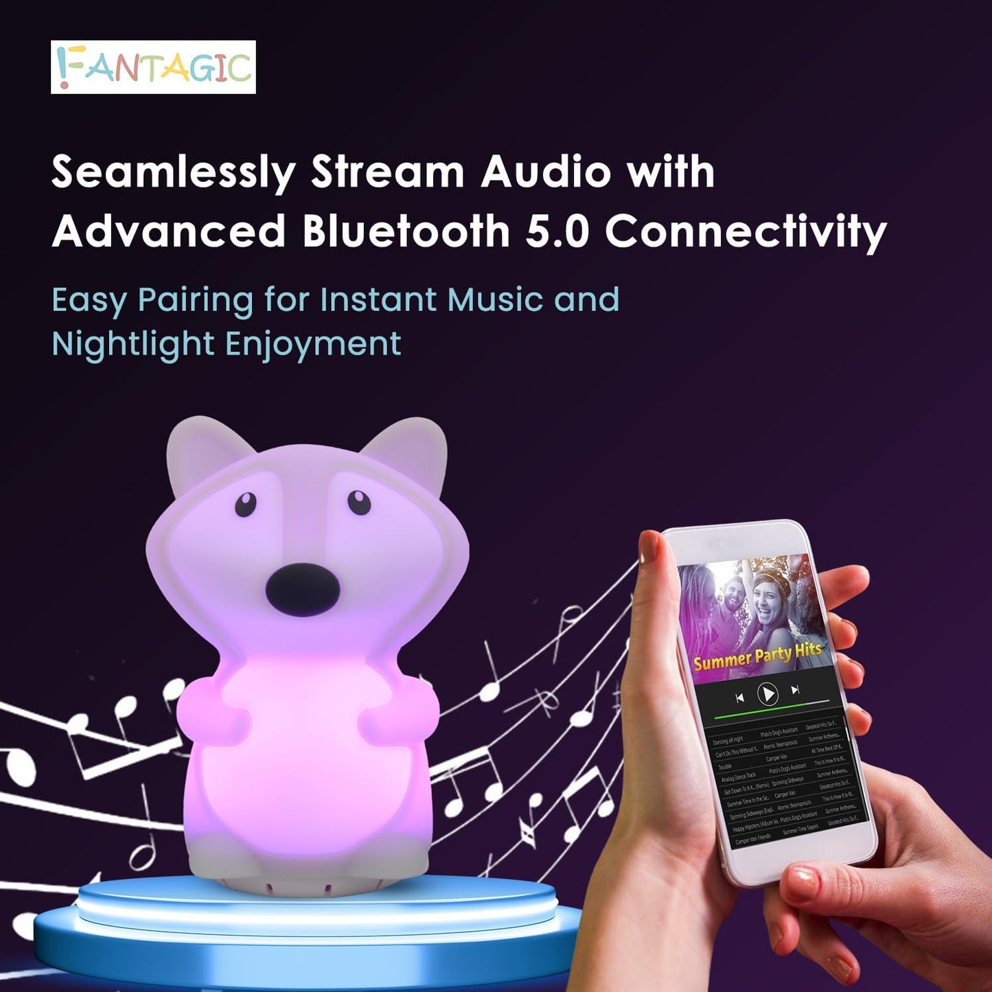 Combined Bluetooth Speaker & Nightlight With 9 Color Emissions, Child Friendly Silicone & BPA Free, USB Recharging, Receives Audio From Computer, Phone Or Tablet, and includes Remote Control (Fox)