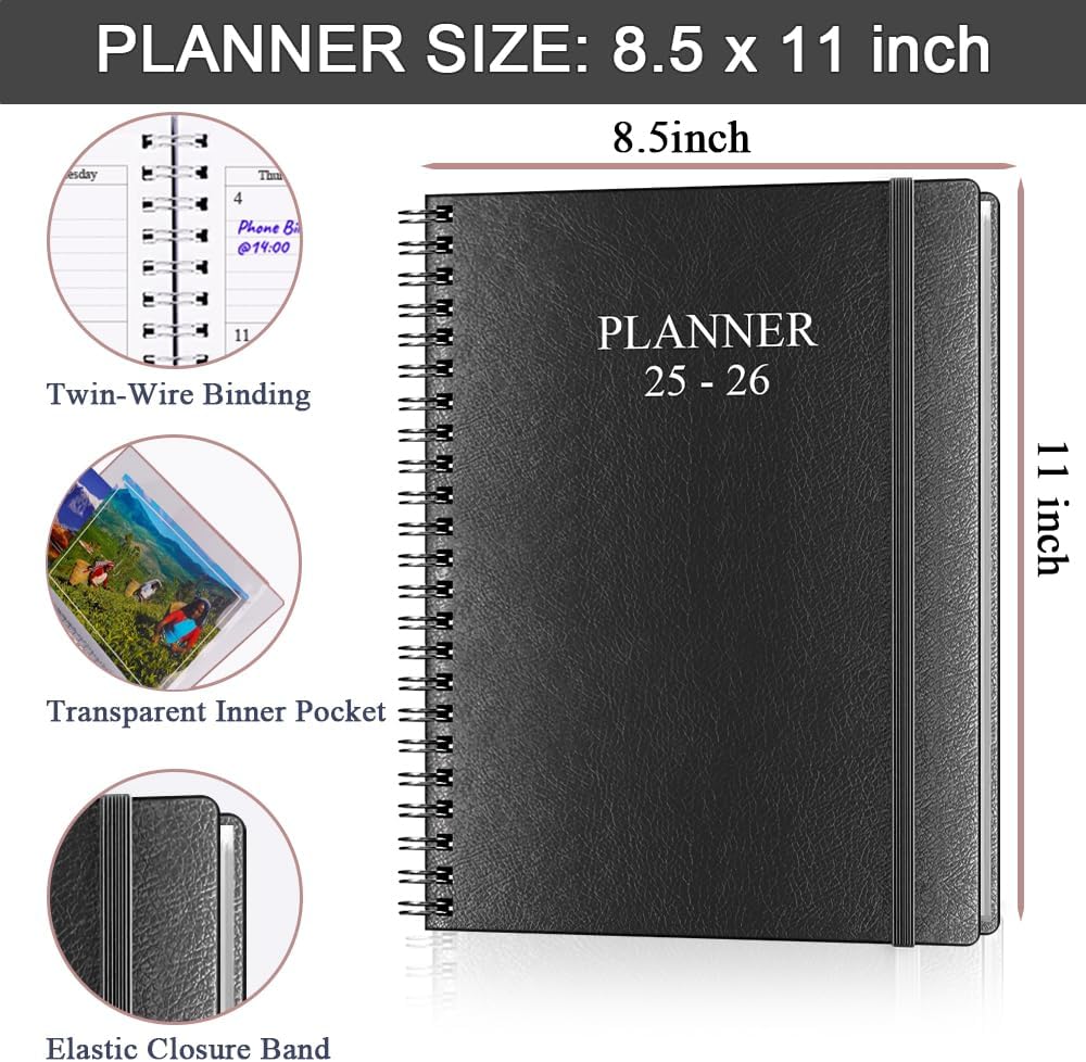 Planner 2025-2026 - Weekly & Monthly Planner Runs from Jul 2025 to Jun 2026, 8.5 x 11", 12 Month Tabs, Inner Pocket, PU Leather Cover with Twin-Wire Binding, Monthly Planners 2025-2026, Black