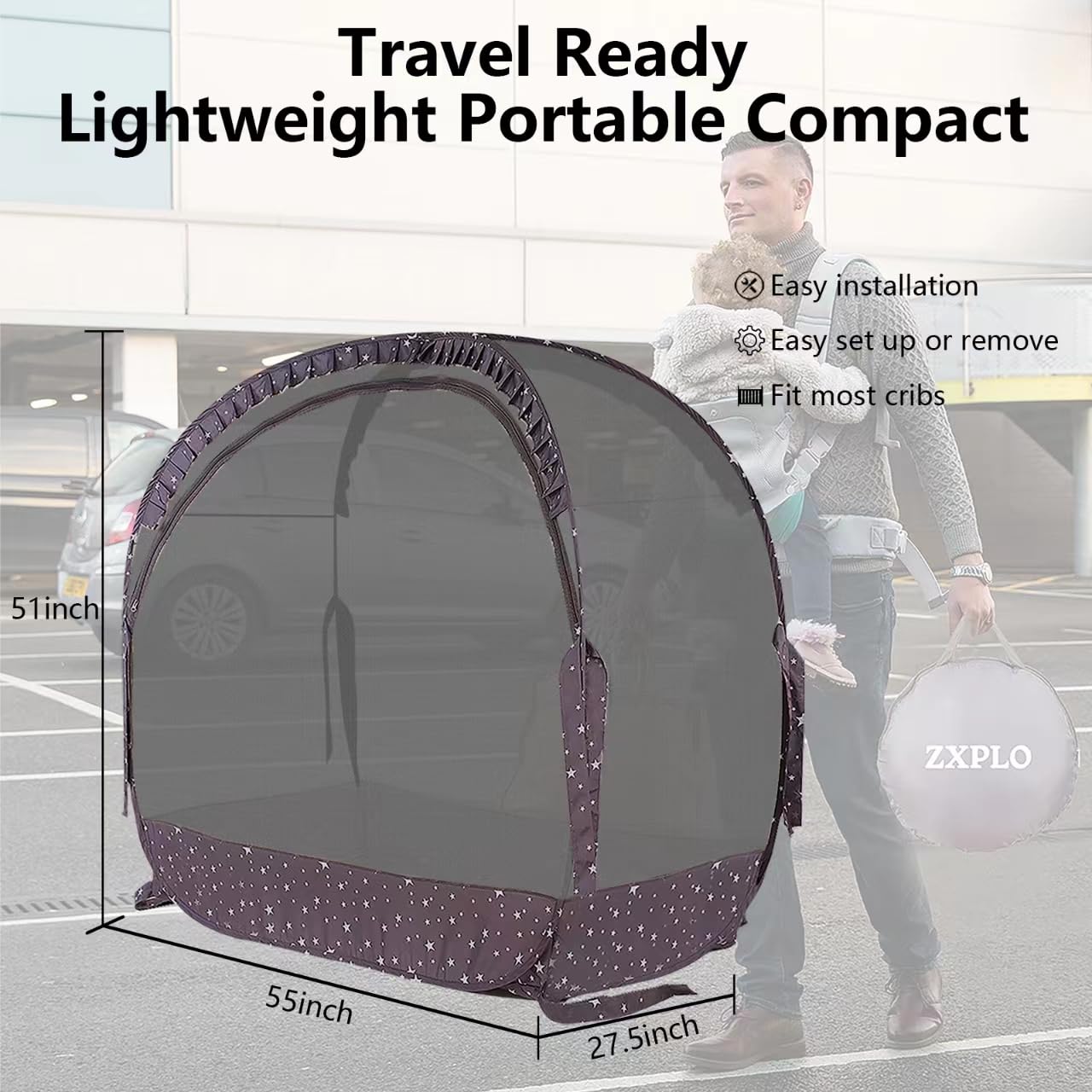 Baby Safety Crib Tent Infant Pop up Mosquito Net Nursery Bed Canopy Netting Cover - Keep Baby from Climbing Out with Hanging Diaper Storage Bag (Dark Gray)