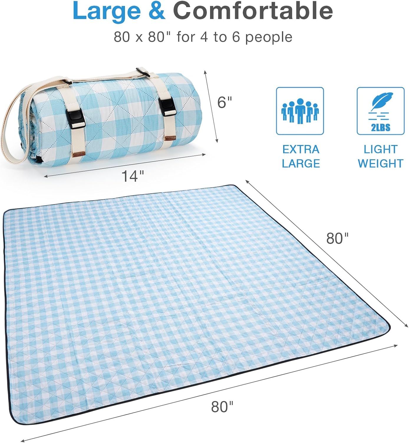 Picnic Blanket, 80''x80'' Waterproof Outdoor Blankets, Picnic Mat Washable for Beach, Picnic Blankets for Camping on Grass with Shoulder Strap - Blue & White