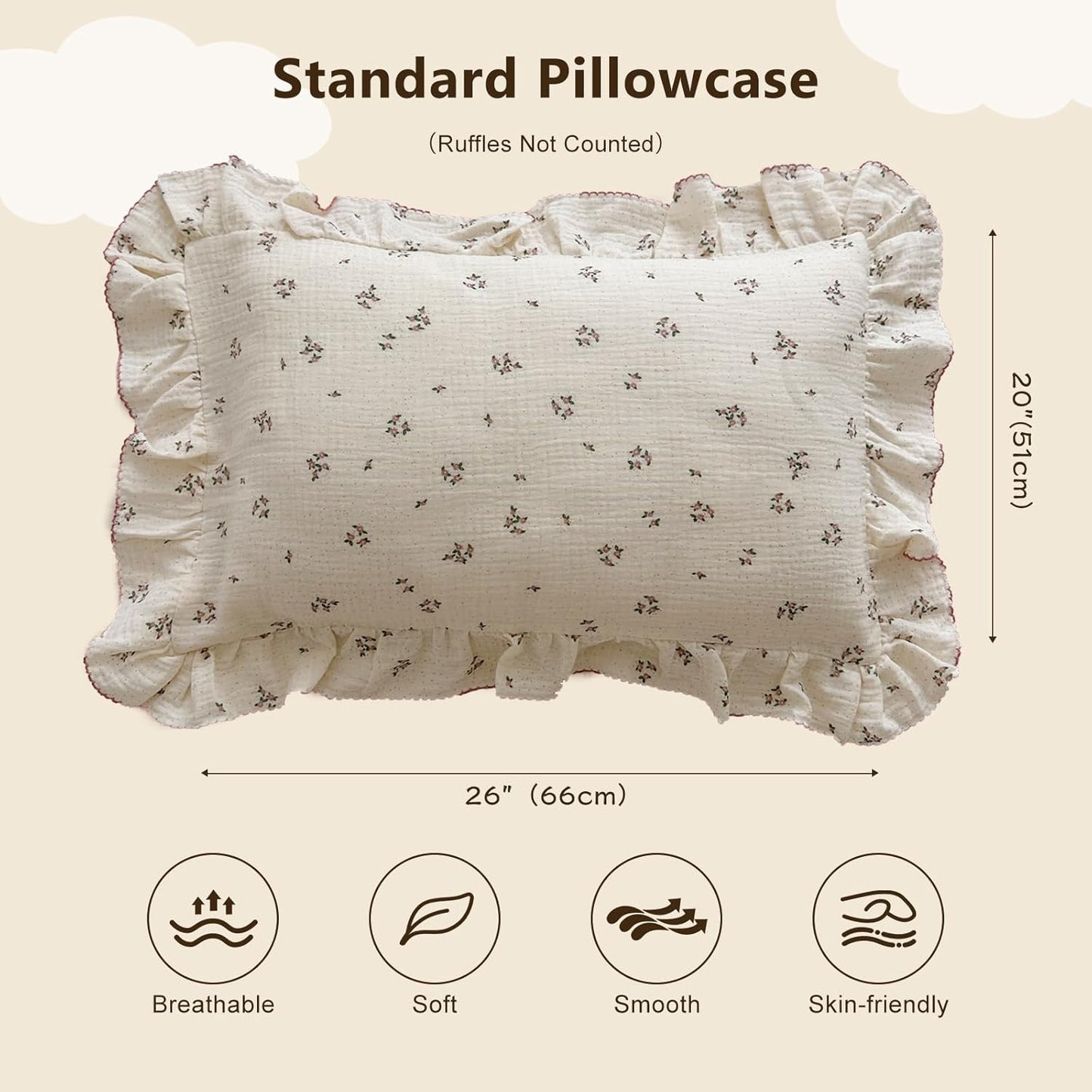 BuLuTu Beige Floral Toddler Pillowcase Muslin with Ruffles,Kids Girls Standard Pillow Cases Fit for Children Pillow Sized 16"x 22"/20"x 26", Envelope Closure, Primrose Pattern,1 Pack