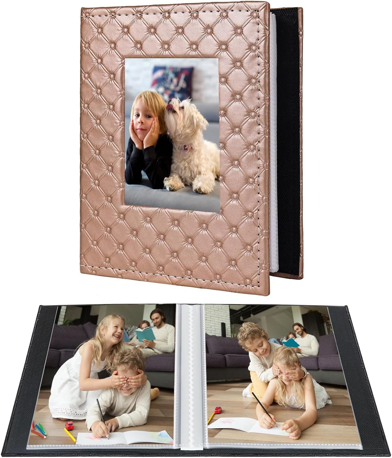 RECUTMS Photo Album 4x6 52 Photos, Small Photo BookButton Grain PU Leather Window 26-Sheet Holds 52 Pictures for Picture Album Wedding Family Baby Vacation(Brown)