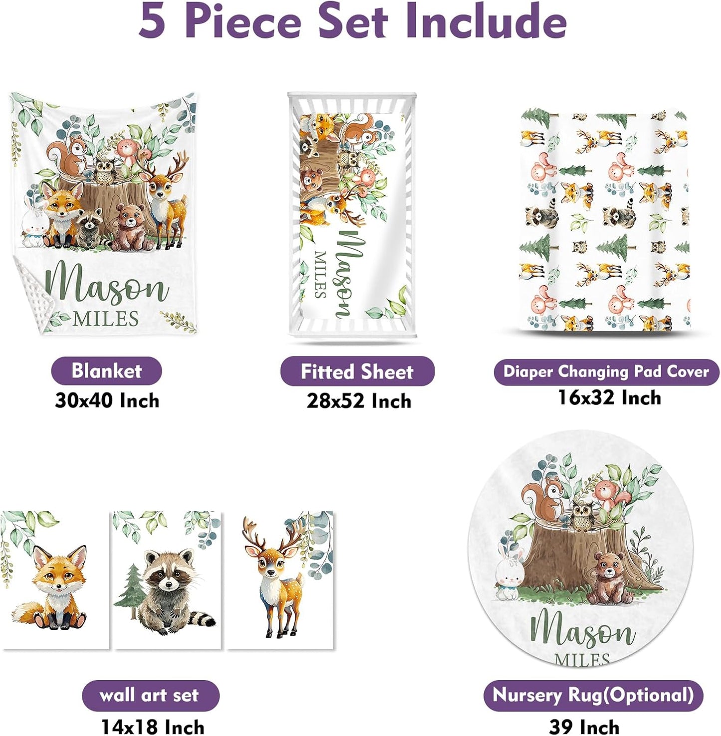 Personalized Baby Crib Bedding Set for Baby Boys Girls, Animal Stump Pattern Custom Name Baby Crib Sets 5-Pcs, Toddler Double Layer Blanket Fitted Sheets Changing Pad Cover Rug Wall Art Set