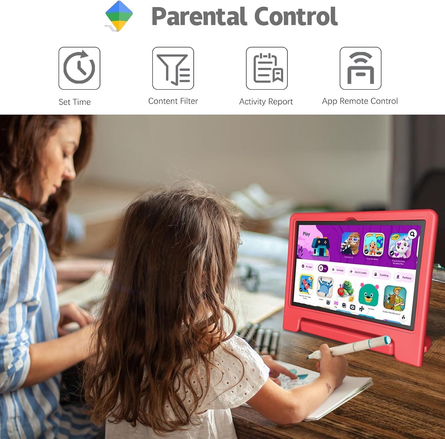 Kids Tablet, 10.1 Inch Tablet for Kids Android 14, 64GB Octa-Core, WiFi, Big Battery, Kids Space, Parental Control 1280 * 800 HD Display Children Tablets Red