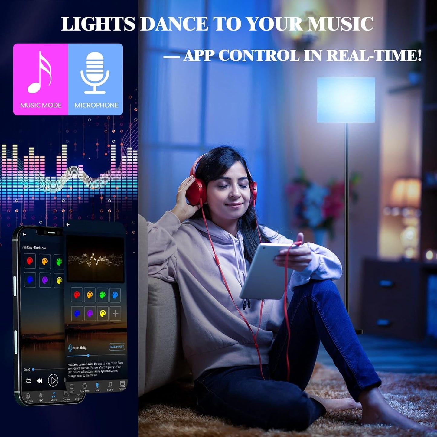 Smart LED Floor Lamp with APP Control & RGB Colors - Dimmable Standing Lamp for Living Room, Bedroom, Gaming - Remote, Timer, 9W Bulb Included, 60.6" Modern Tall Lamp (White)