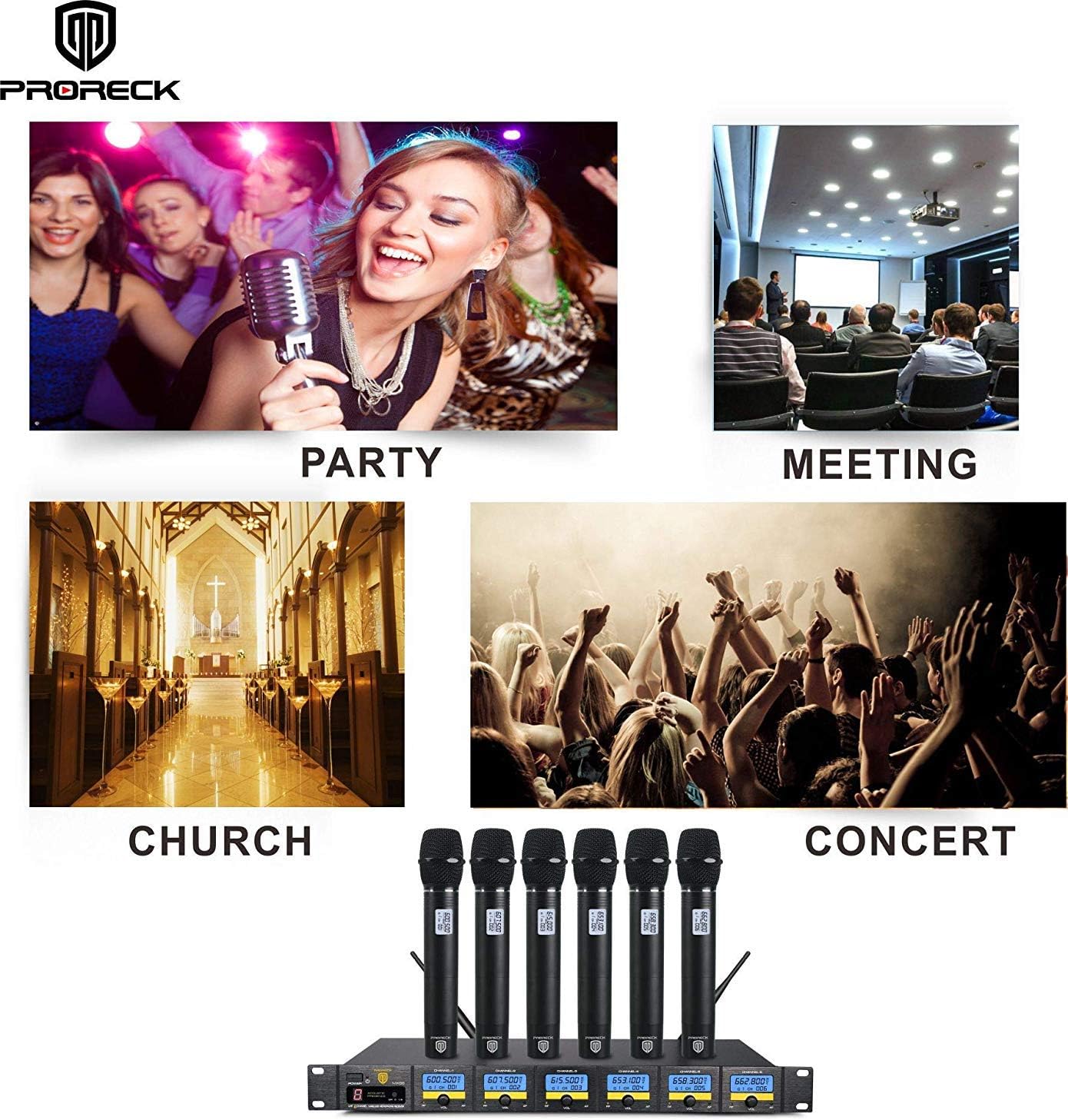 PRORECK MX66 6-Channel UHF Wireless Microphone System with 6 Hand-held Microphones Karaoke Machine for Party/Wedding/Church/Conference/Speech
