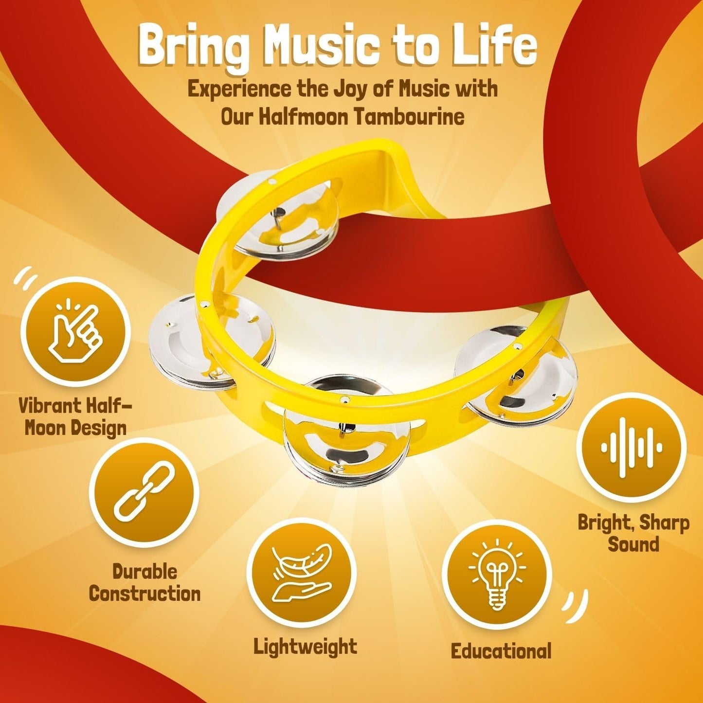 Flexzion Tambourine Hand Bell Percussion Musical Instruments Set of 2 Pack (Red /Yellow), Plastic Music Instrument Half Moon Mini D Handheld Shaker with 4 Pairs Jingle Bells