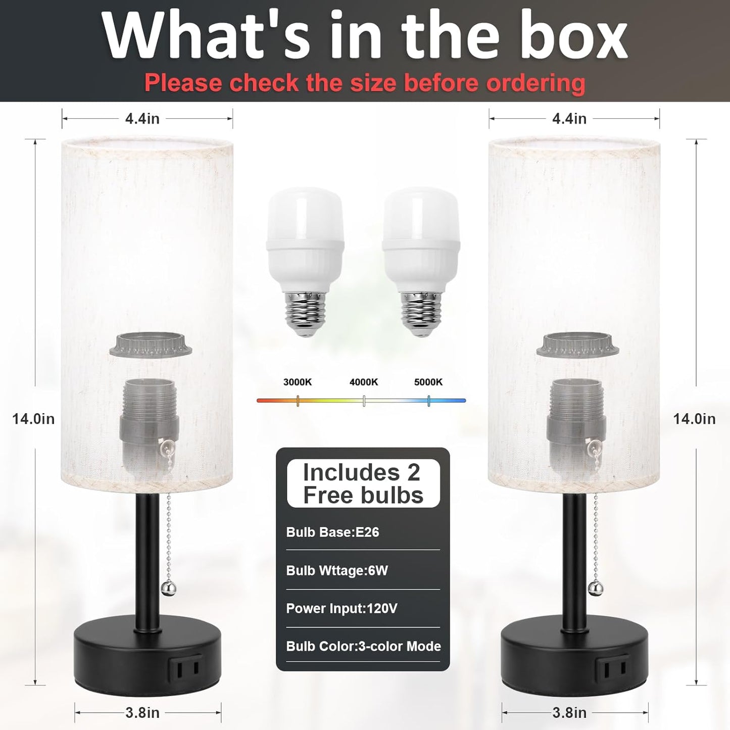 Bedside Table Lamps Set of 2-3 Color Temperatures Pull Chain Lamp with AC Outlet Charging Port, Small Round Night Stand Lamps for Bedroom Guest Room Office, Bed Side Light with E26 LED Bulbs