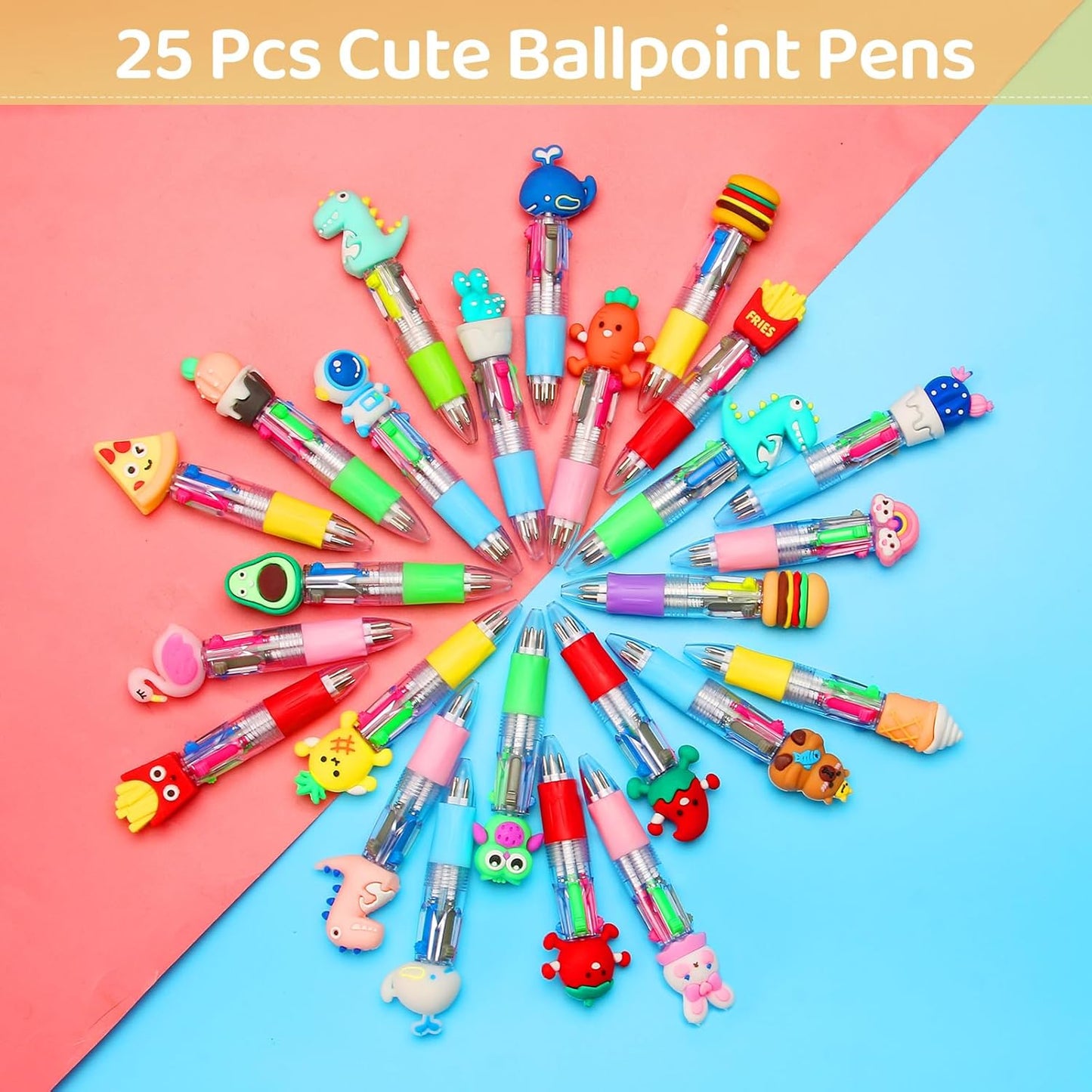 LiYiQ 25 Pcs Multicolor Pen in One Fun 4-in-1 Cute Pens Bulk Kawaii Cool Ballpoint Pens for Kids Fun Gifts (25)