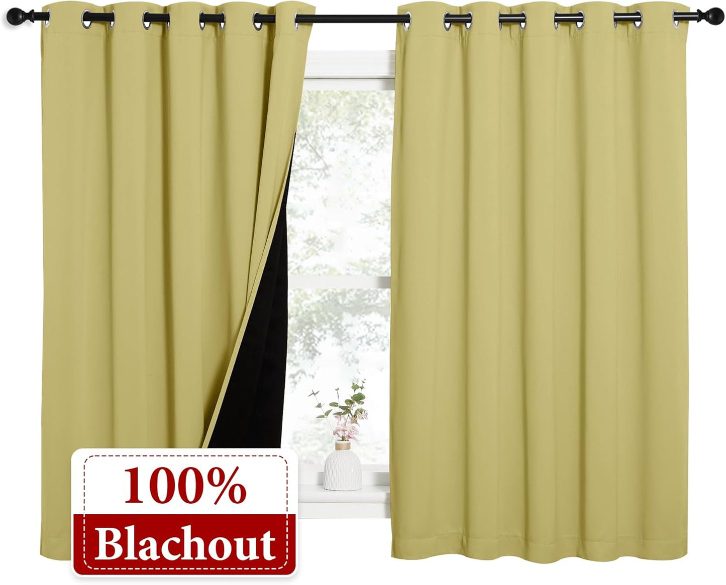 NICETOWN 100% Blackout Curtains with Black Liners, Thermal Insulated Full Blackout 2-Layer Lined Drapes, Energy Efficiency Window Draperies for Bedroom (Paler Yellow, 2 Panels, 62-inch W by 63-inch L)
