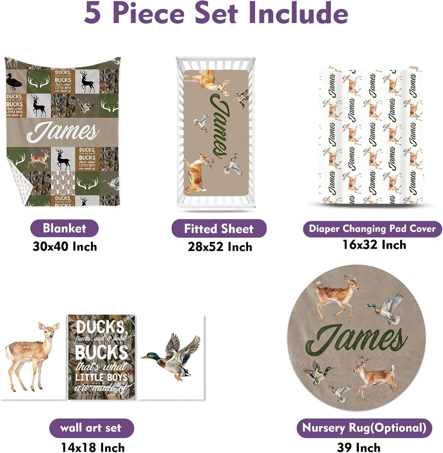 Personalized Baby Crib Bedding Set, 5-Piece Multi-grid Pattern Baby Crib Sets with Custom Name, Toddler Double Layer Blanket Fitted Sheets Changing Pad Cover Rug Wall Art Set, Charming Nursery Decor