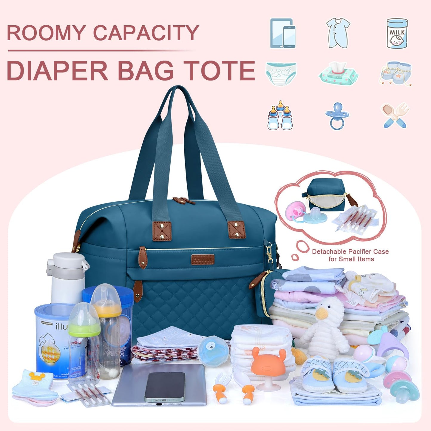 Diaper Bag Tote - Diaper Baby Bags with Pacifier Case, Shoulder Straps, Stroller Clips, Waterproof Large Mommy Maternity Travel Baby Bag for Mom and Dad, Blue, Medium