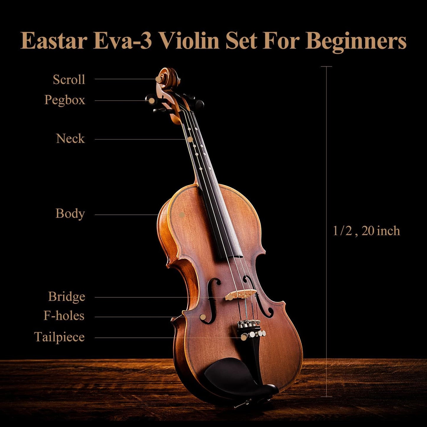 Eastar 1/2 Violin Set Half Size Fiddle EVA-3 Matte for Beginners with Hard Case, Rosin, Shoulder Rest, Bow, and Extra Strings (Imprinted Finger Guide on Fingerboard)