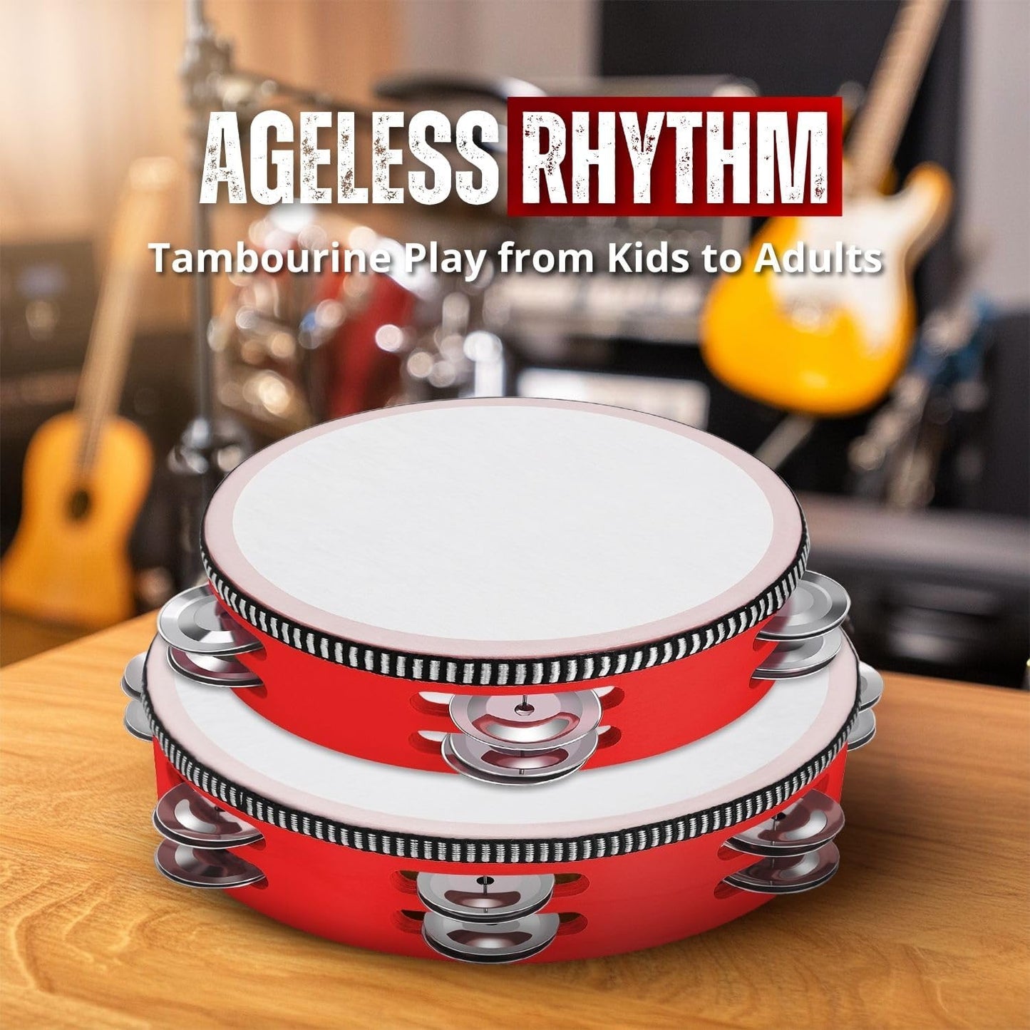 Flexzion Wood Handheld Tambourine for Kids - 8 & 6 Inch Set of 2 Pack, Double Row 12 Pair Metal Jingles, Percussion Drum Moon Musical Instrument (Red)