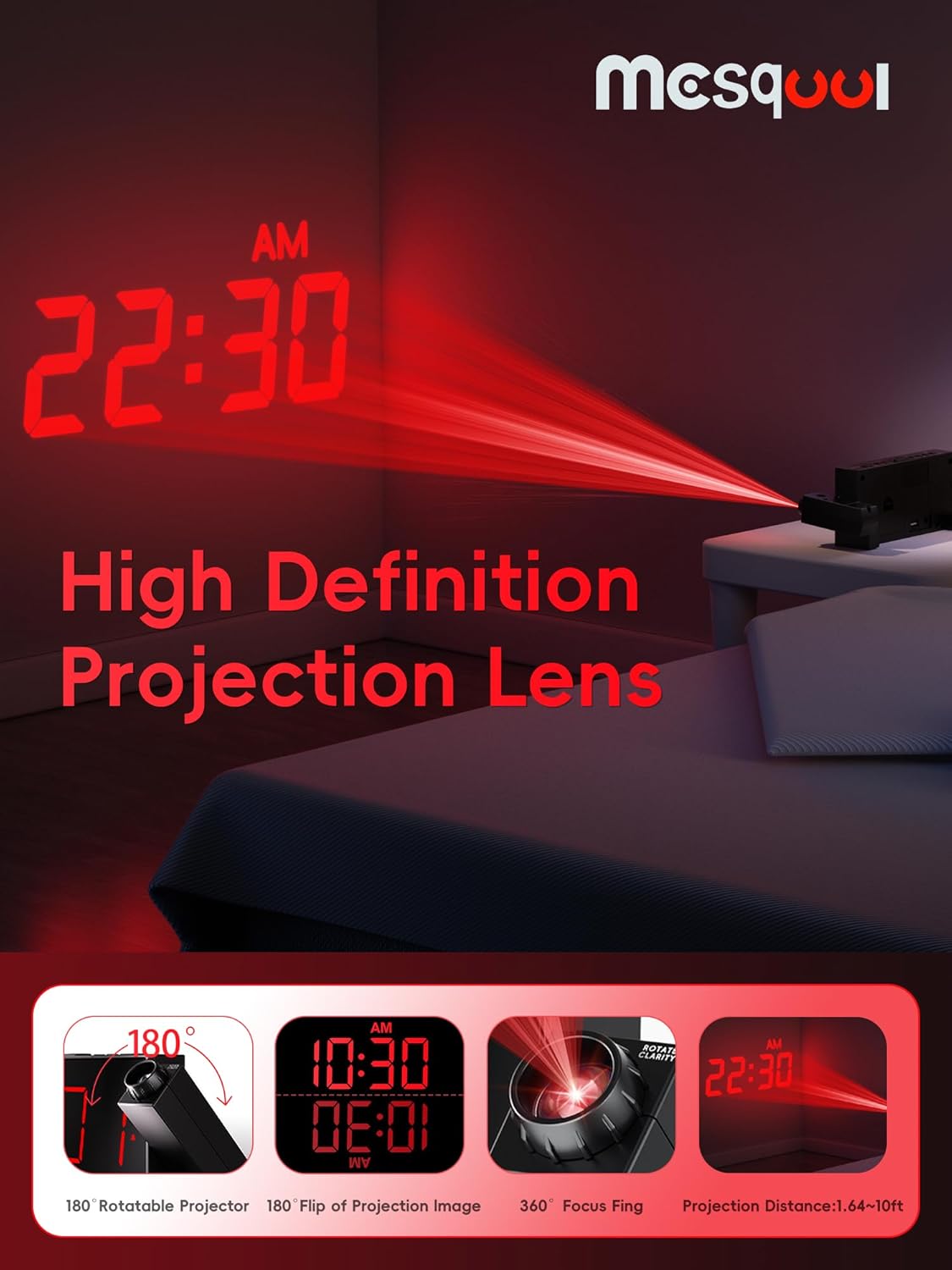 Mesqool Projection Alarm Clock, Loud Vibrating Alarm Clock for Heavy Sleepers, Adjustable Projection Brightness,Hearing Impaired & Deaf People, Digital Alarm Clock with USB Charging Port