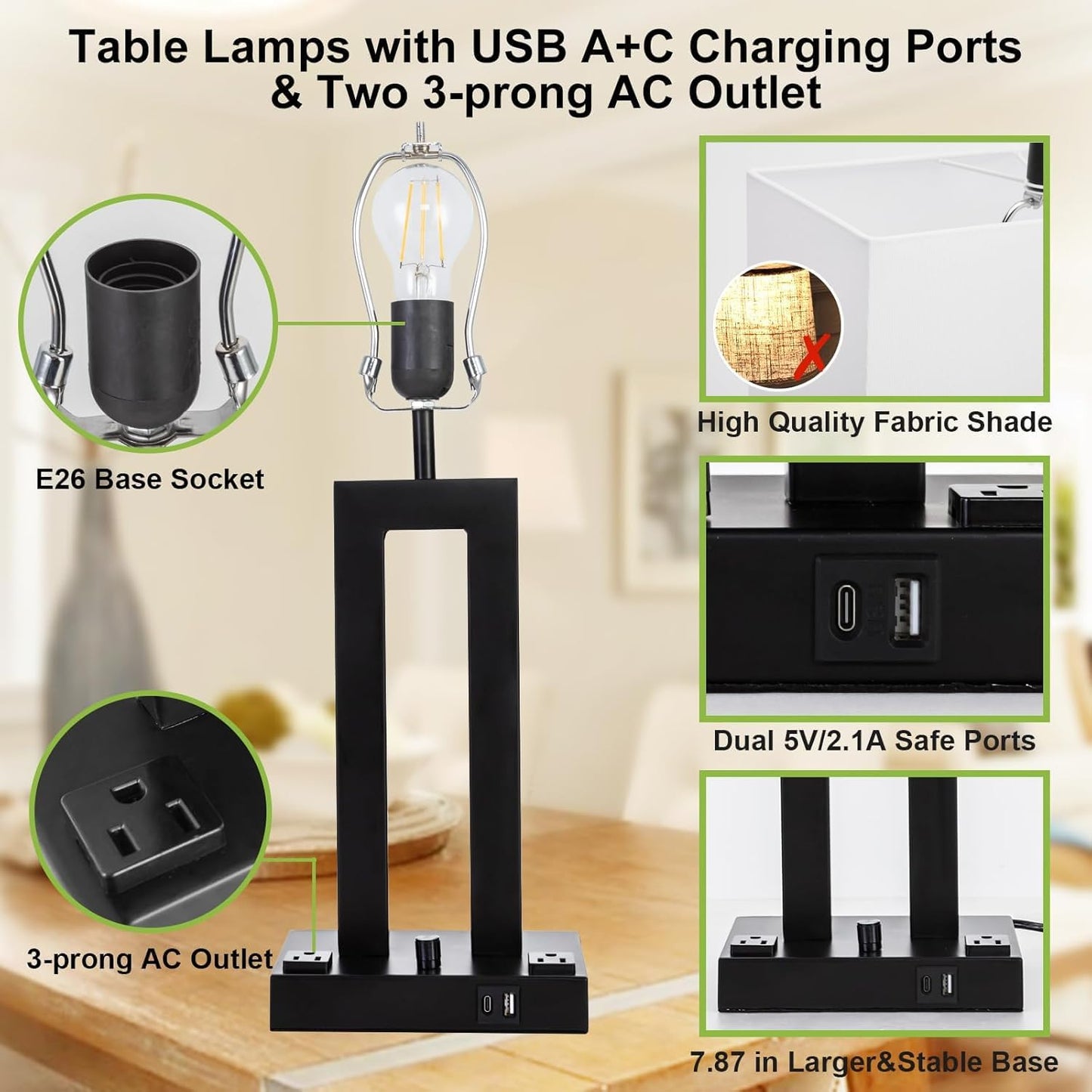 Modern Table Lamps Set of 2-22" Tall Bedside Lamps with USB-C/USB-A Charge Ports & Outlet, Stepless Dimmable Fabric White Shade Nightstand Lamps for Bedroom & Living Room