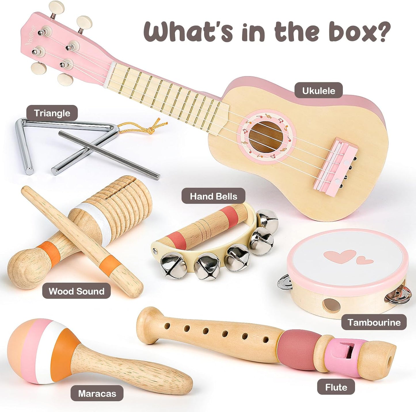 Kids Guitar Set for Girls - Toys for 2 3 4 Year Old Girl Birthday Gifts - 7 in 1 Wooden Montessori Musical Instruments with Ukulele/Tambourine/Maracas/Flute for Toddler 2-5(Pink)