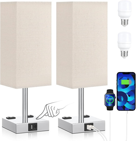 aooshine Beige Set of 2 Touch Lamp with USB Port-Nightstand Lamp with USB-C+A Charge Ports& AC Outlets, 3-Way Dimmable Bedside Lamp with Shade,Small Table Lamp for Bedroom Living Room(Bulb Included)