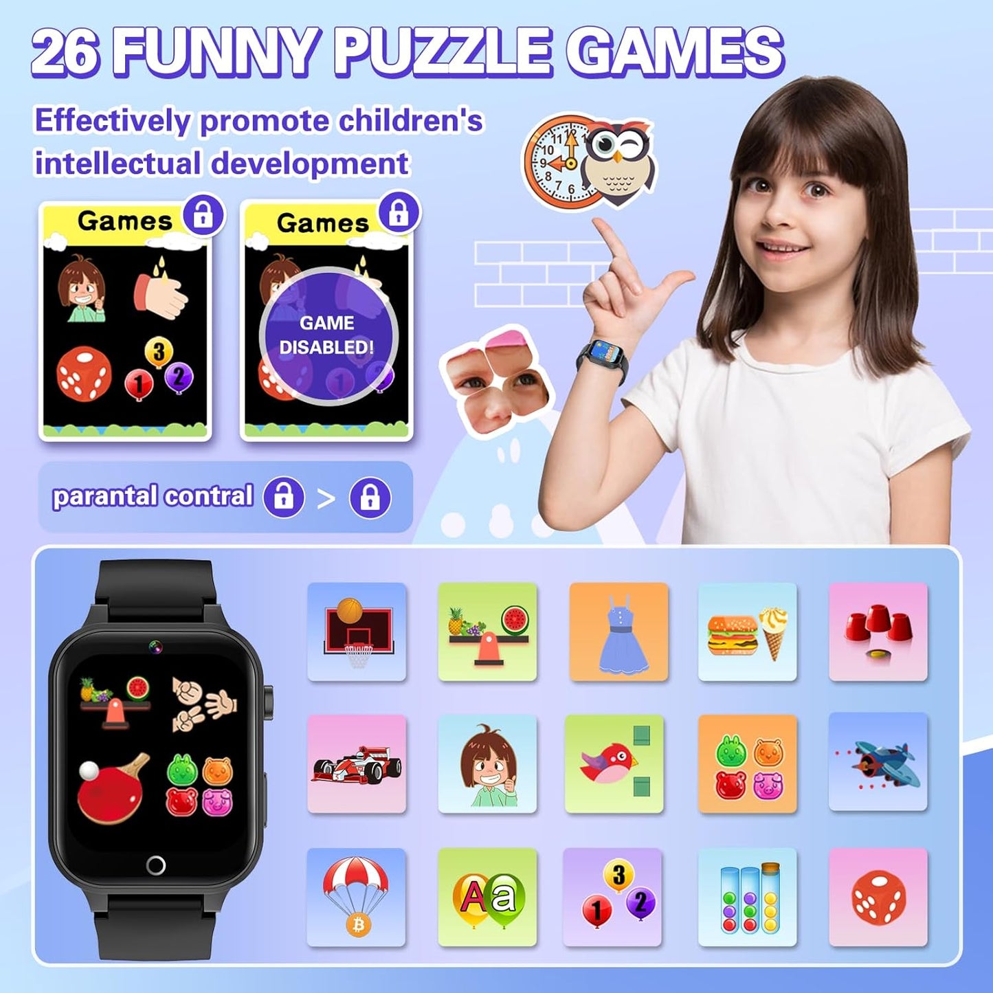 Vakzovy Kids Smart Watch Boys with 26 Puzzle Games HD Touchscreen Camera Pedometer Music Player Flashlight, Kids Toys Birthday Gifts for Boys Age 6-12 Kid Watch Boy 8-10 with Screen Protector
