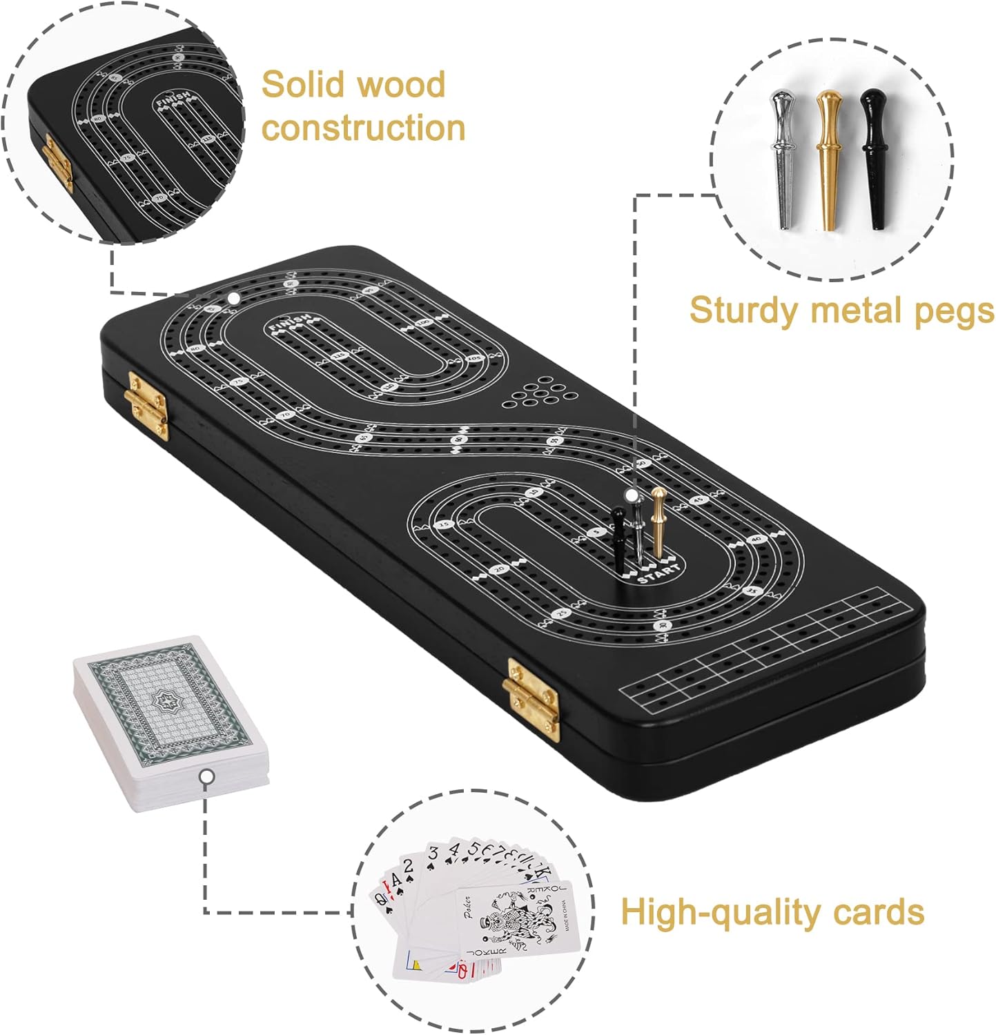 Cribbage Board Game Set 3 Tracks, 2 Storage Area, with 9 Metal Pegs,2 Decks of Playing Cards and Instruction, Wooden Travel Portable Cribbage Game Sets