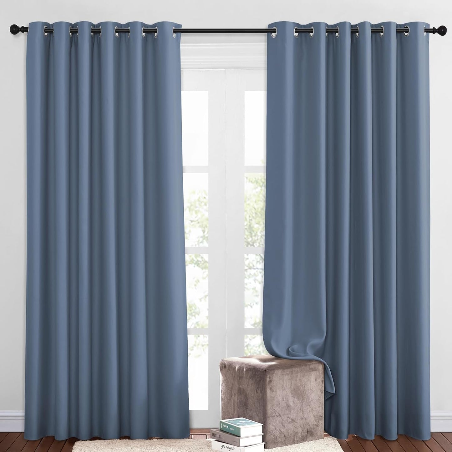 NICETOWN Blackout Living Room Curtains Extra Wide, Triple Weave Grommet Top Thermal Insulated Window Treatment Light Blocking Panels for Patio/Porch (Stone Blue, W80 x L84, Set of 2)