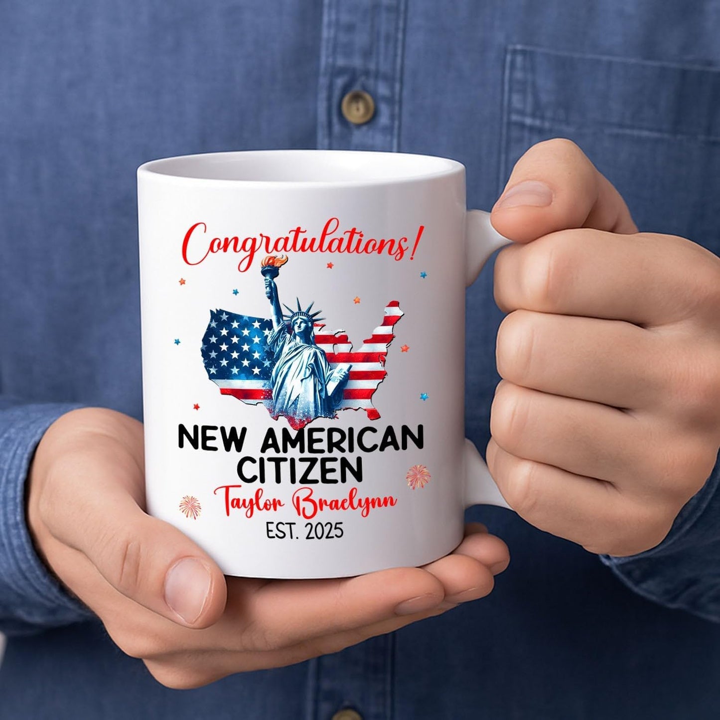 Congratulations New American Citizen Coffee Mug 11Oz 15Oz, Personalized Year & Name White Cup Gift For Sister Brother New US Citizen, Novelty American Flag Coffee Cup, Customized US Citizenship Mug