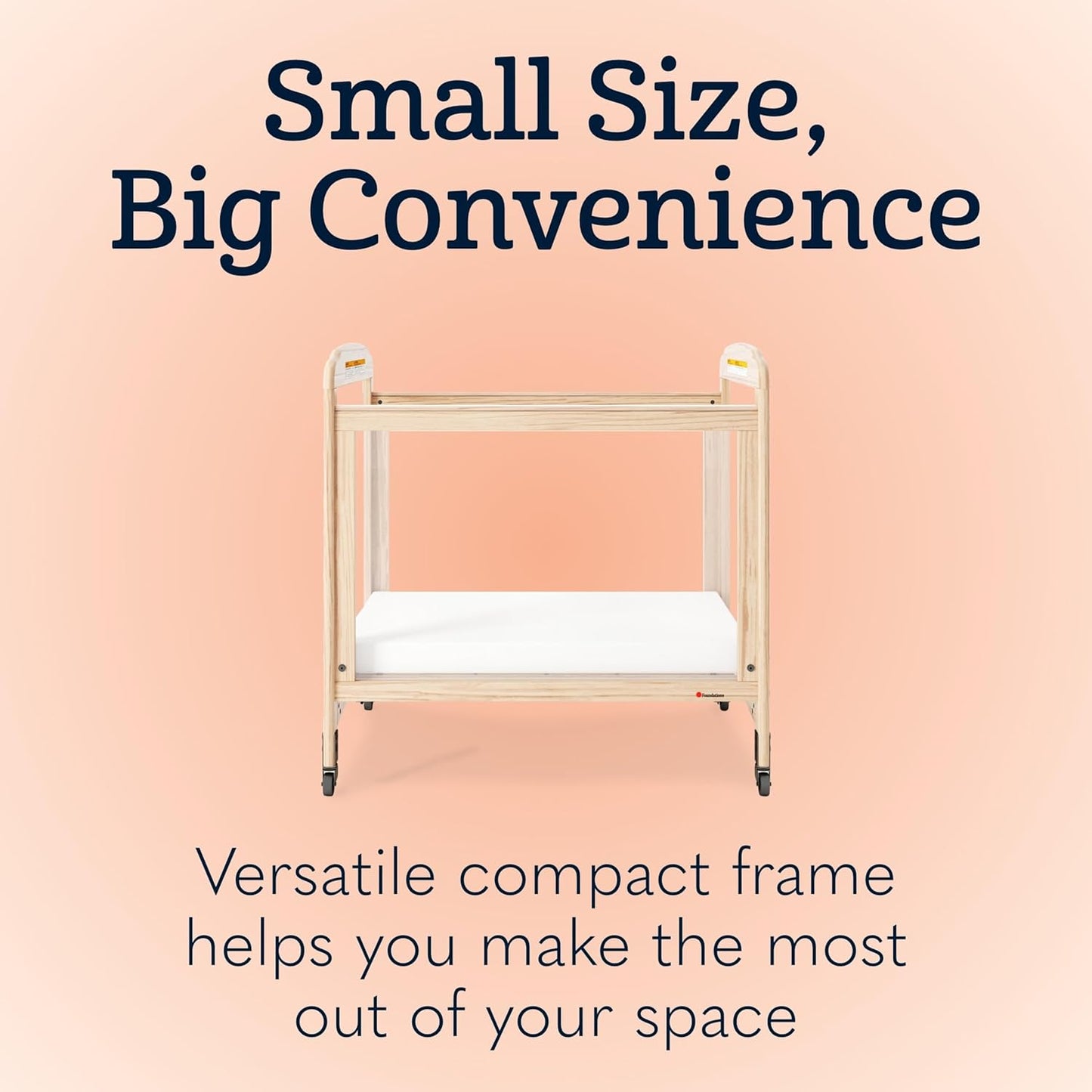 Foundations Serenity Compact Clearview Daycare Crib, Fixed Side, Durable Wood Construction, Non-Marking Casters (2 Locking), Includes 3” InfaPure Foam Mattress (Natural)