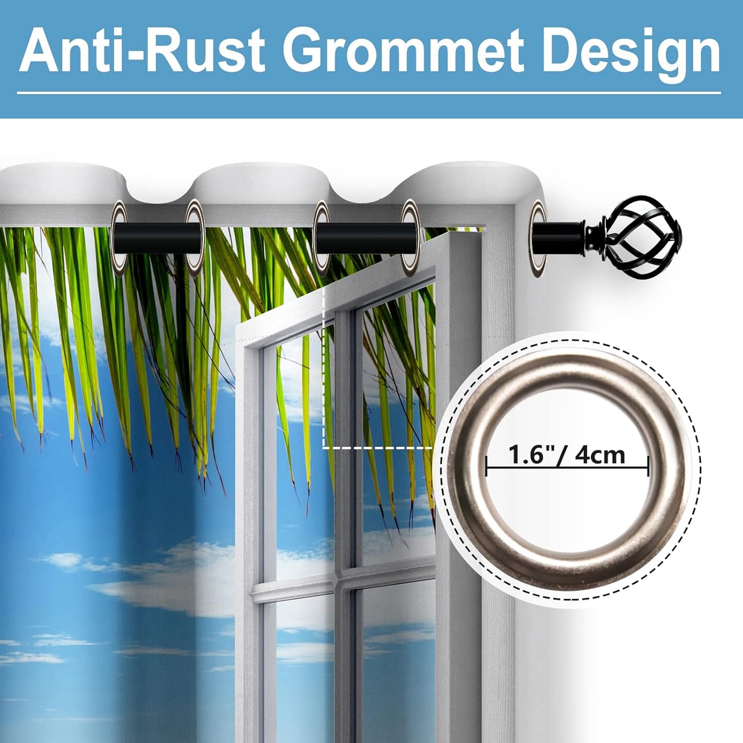 Aimego Ocean Beach Blackout Curtains Tropical Palm Trees White Wooden Window Scenery Decor for Bedroom Living Room Window Drapes Grommet Top Room Darkening Curtains 2 Panel Set 52"X84"