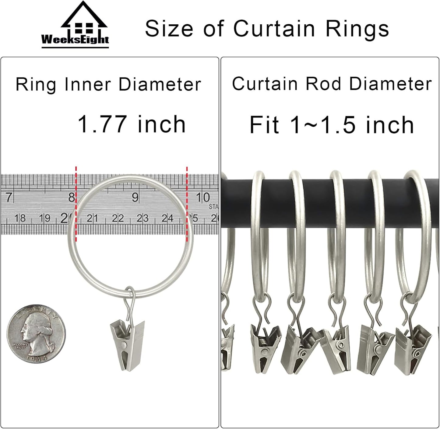 40 Pack Matte Silver Curtain Rings with Clips, Curtain Hooks Hangers Clip Rings for Hanging Drapes Bows Hat, Drapery Rings 1.77 in I D, Fits up to 1.5 in Diameter Curtain Rod.