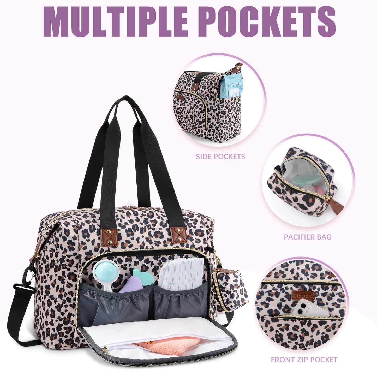Tuwubi Diaper Bag Tote,Baby Diaper Bag with Pacifier Case Large Travel Diaper Tote Caddy for Mom and Dad Multifunction Large Baby Bag - M-Leopard Print