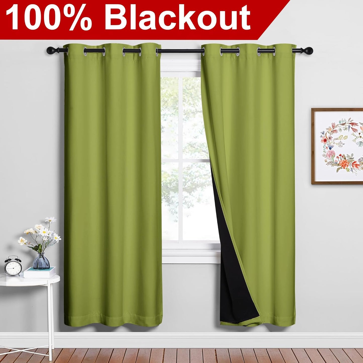 NICETOWN 100% Blackout Window Curtain Panels, Fresh Green, 2 Pieces, 42-inch Wide Per Panel, Full Light Blocking Drapes with Black Liner for Nursery, 72-inch Drop Thermal Insulated Draperies