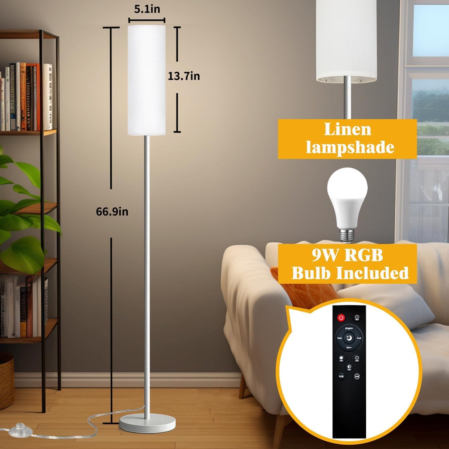 Smart LED Floor Lamp with APP Control & RGB Colors - Dimmable Standing Lamp for Living Room, Bedroom, Gaming - Remote, Timer, 9W Bulb Included, 67" Modern Tall Lamp (White)