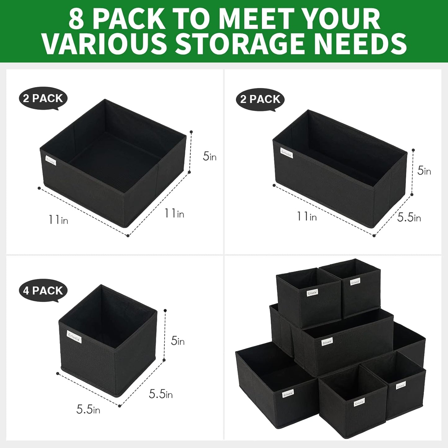 Drawer Organizer Clothes, 8 Pack Underwear Drawer Organizer, Foldable Cloth Storage Box Closet Organizers and Storage for Clothes, Socks, Scarves, Ties (Black)