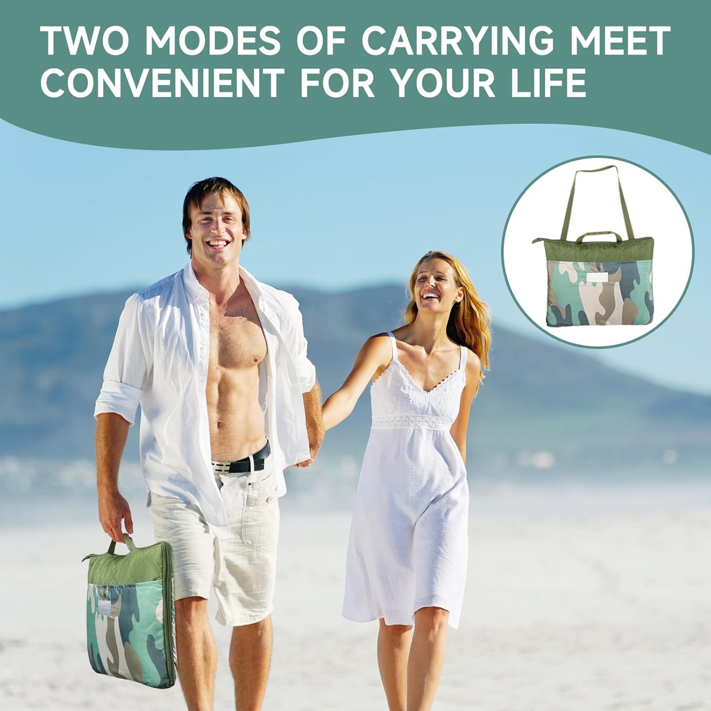 Solaris Waterproof Picnic Blanket, Lightweight 50” x 60” Foldable Sandproof Beach Blanket with Large Pocket, Portable Outdoor Camping Blanket Great Couples Gift Ideas, Green Camo