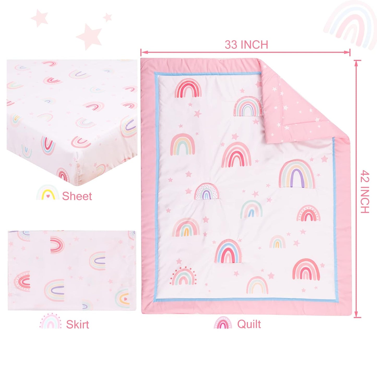 UOMNY Crib Bedding Set for Girls 3 Piece with Comforter Sheet Toddler Pillowcase Baby Bedding Sets Pink Rainbow