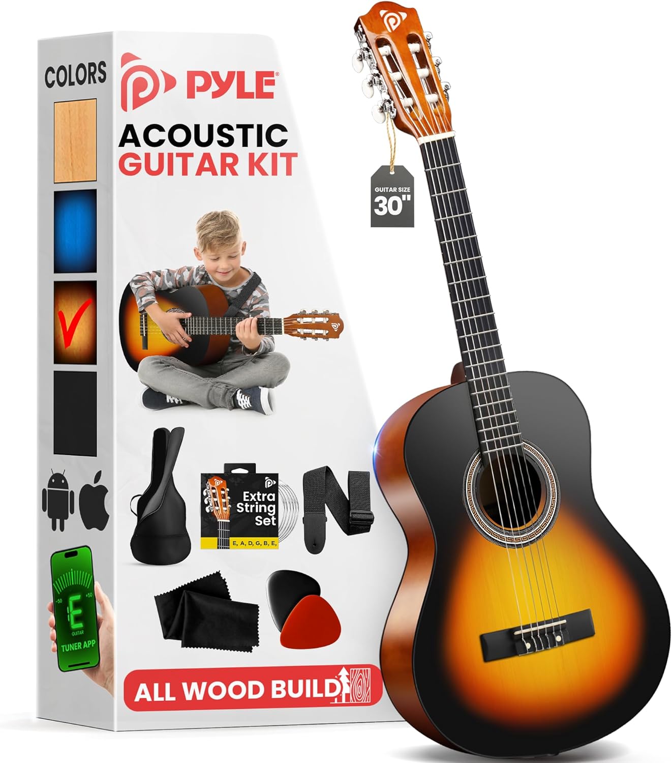 Pyle Beginner Acoustic Guitar Kit, 1/4 Junior Size All Wood Instrument for Kids, Adults, 30" Sunburst Teardrop Matte