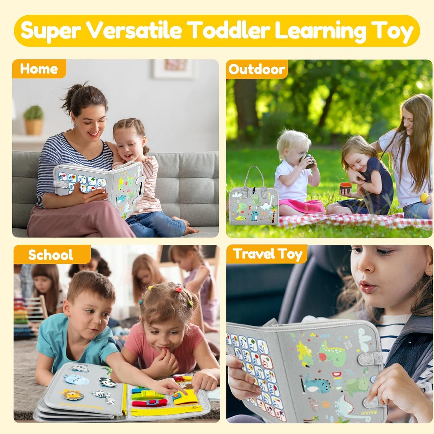 Qizfun Busy Board Book Montessori Toys for 1 2 3 4 Year Old, Boy Girl Birthday Gifts, Educational Sensory Learning Toys for Toddlers 1-3, Car Airplane Travel Activities Toys for Kids Ages 2-4 Year Old