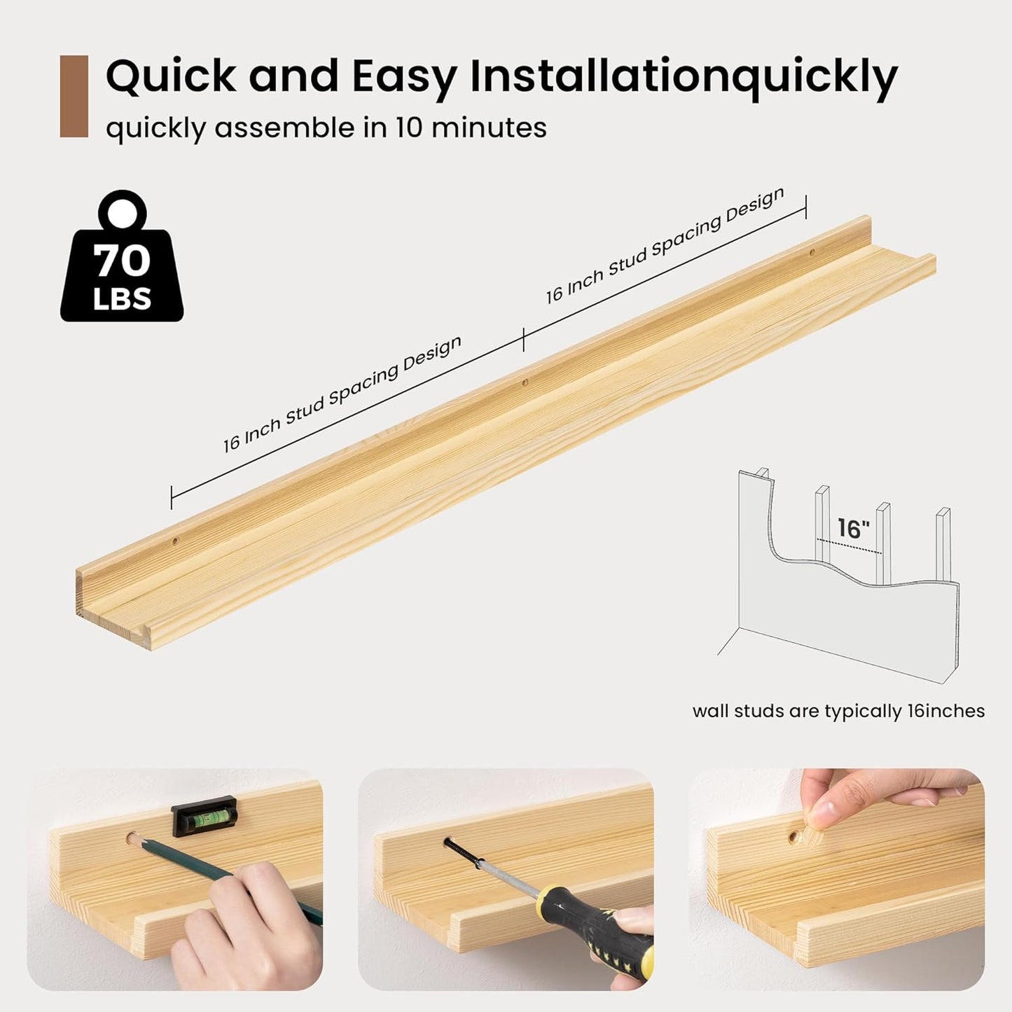 Picture Ledge Shelf, Solid Pine Wood Floating Shelves Set of 2, 40 Inches Nursery Book Shelves for Toys Storage, Kids Bookshelf Wall Mounted for Living Room Decor Photo Frames, Unfinished Natural