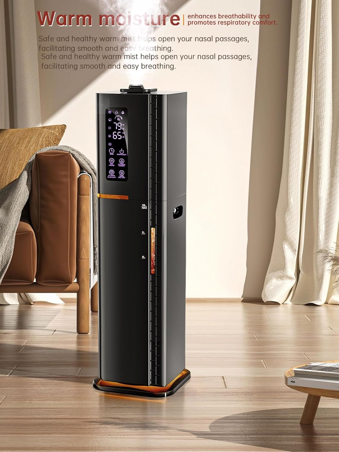 2.64Gal Humidifiers for Bedroom Large Room, Warm and Cool Mist up to 500ft², Top Fill Diffuser Ambient Light, 3 Mist Modes, 24H Timer, 35dB Quiet Humidifier for Home Office Plant