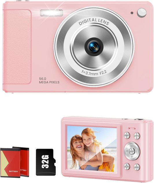 WONNIE Digital Camera 56MP, FHD 1080P Point & Shoot Camera with 32GB SD Card, 2 Batteries, and Lanyard, Ideal for Kids & Teens, Suitable Gift for Girls