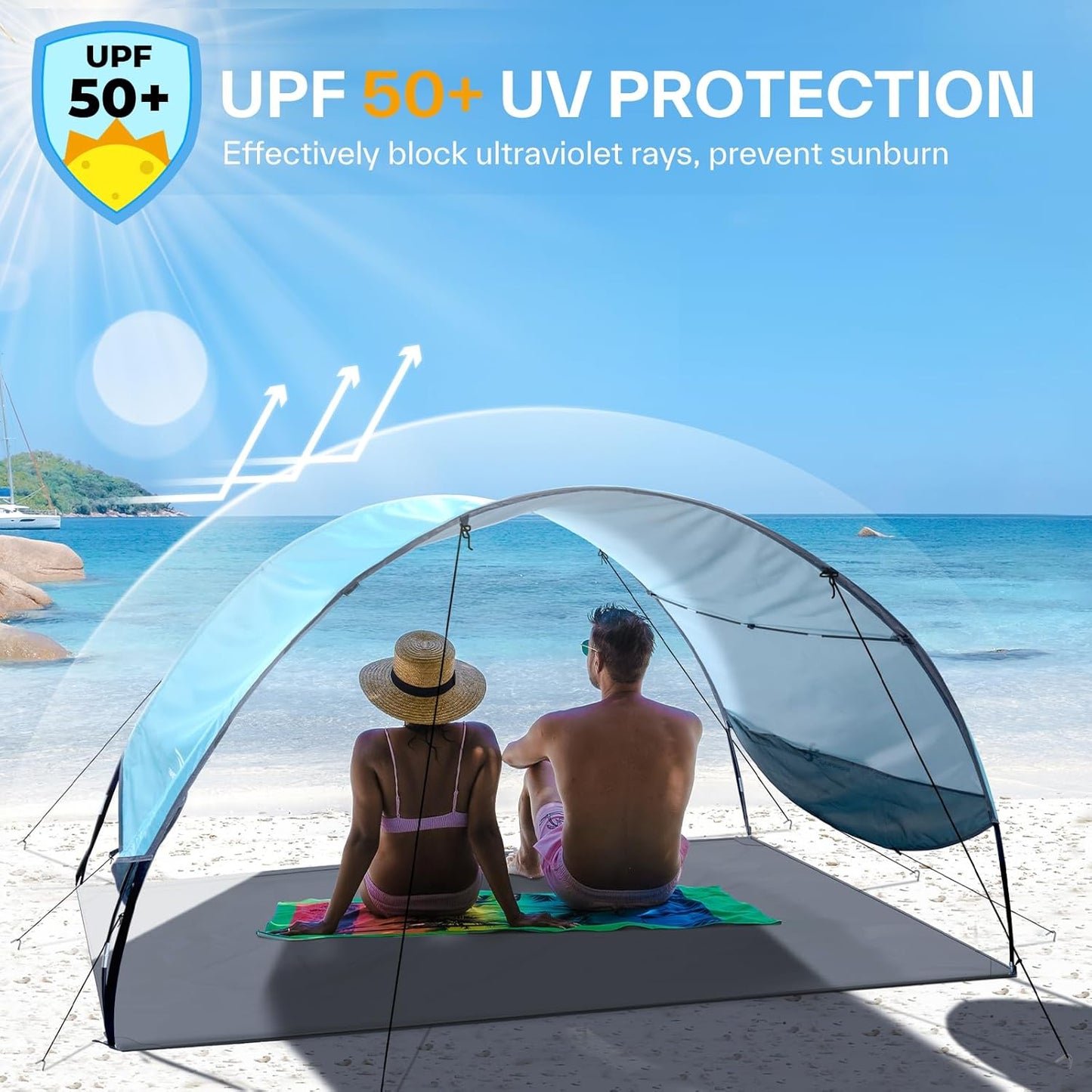 Sportneer Beach Tent Sun Shelter: UPF 50+ UV Protection Beach Canopy Tent Sun Shade for 2-3 Person, Easy Set Up Canopy with 8 Wind Ropes and 12 Ground Stakes, Size 96.5''x55.7''