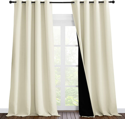 NICETOWN Cold Reducing Curtains, Thermal Insulated 100% Blackout Curtains, Sound Proof Drapes with Black Backing, Full Light Blocking Panels for Patio Sliding Door (Beige, 1 Pair, 55" x 102")