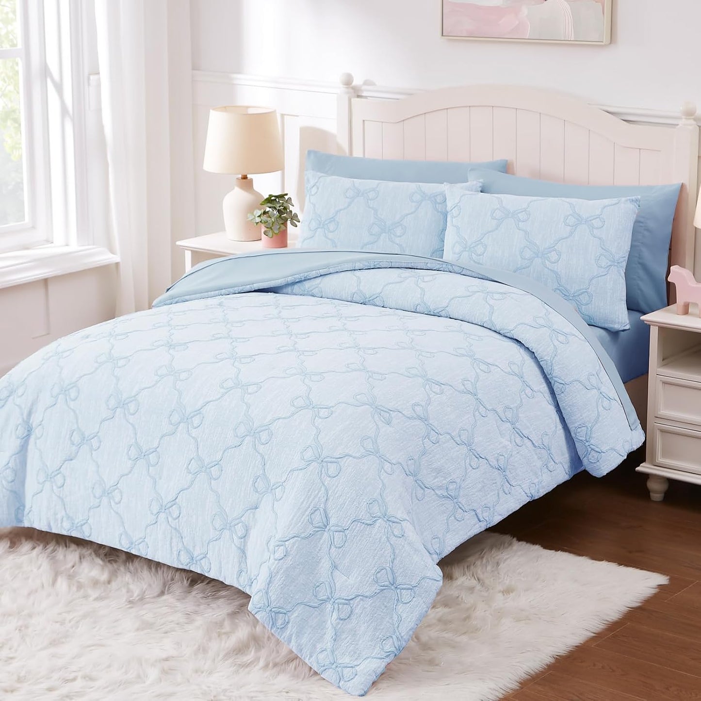 Full Size Comforter Sets with Sheets for Girls-7 Pieces Full Size Bedding Sets with Light Blue Comforter, Sheets, Pillowcases & Shams for Kids (Light Blue Diamond, 76" X 86")