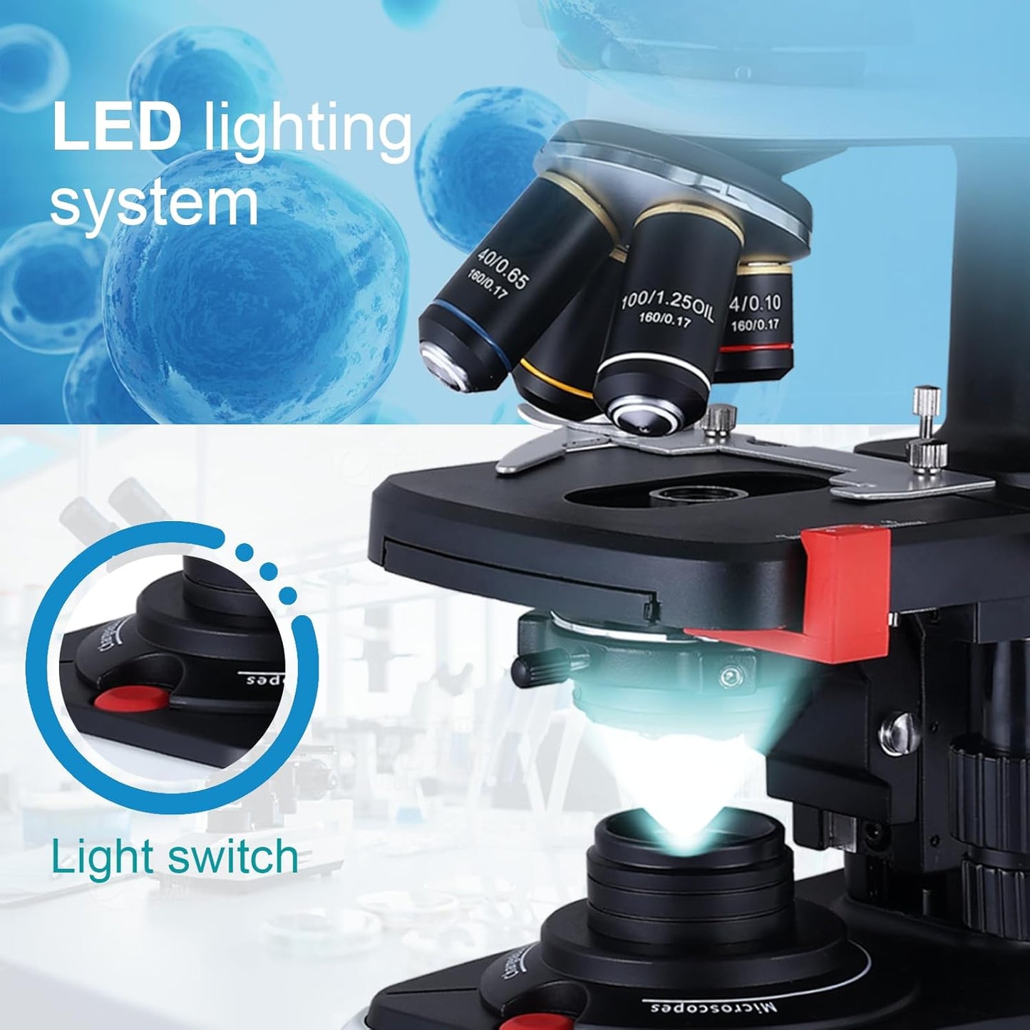 40X-2500X Microscope Laboratory Microscope for Adults with LED, Double 3D Mechanical Stage, Abbe Spotting Scope for Students Children Adults Laboratory Education Science Doppelt Tisch