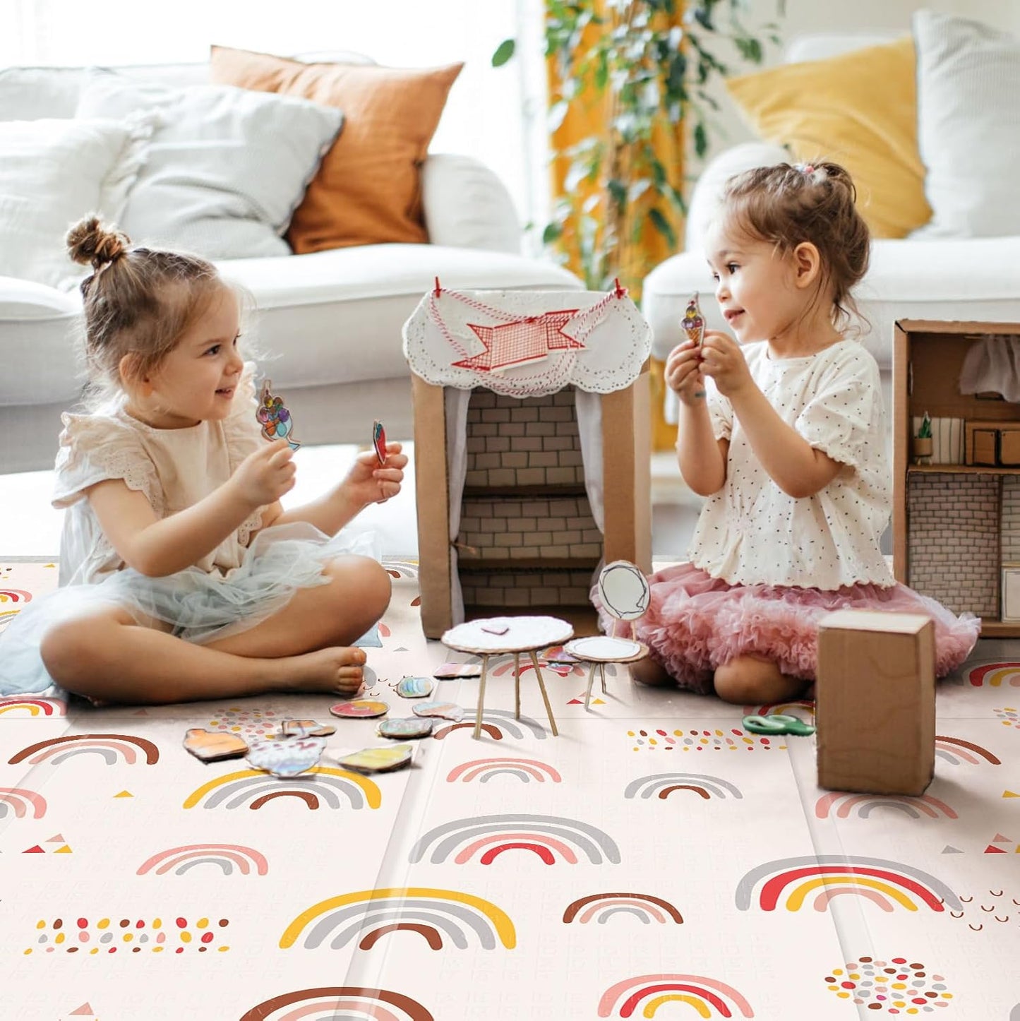 Foldable Baby Play Mat, PIGLOG 50x50 Playpen Mat, Safe Foam Playmat for Tummy Time, Waterproof Playmats for Babies and Toddlers Kids, Reversible Portable Baby Floor Mat for Infant, Rainbow Rain