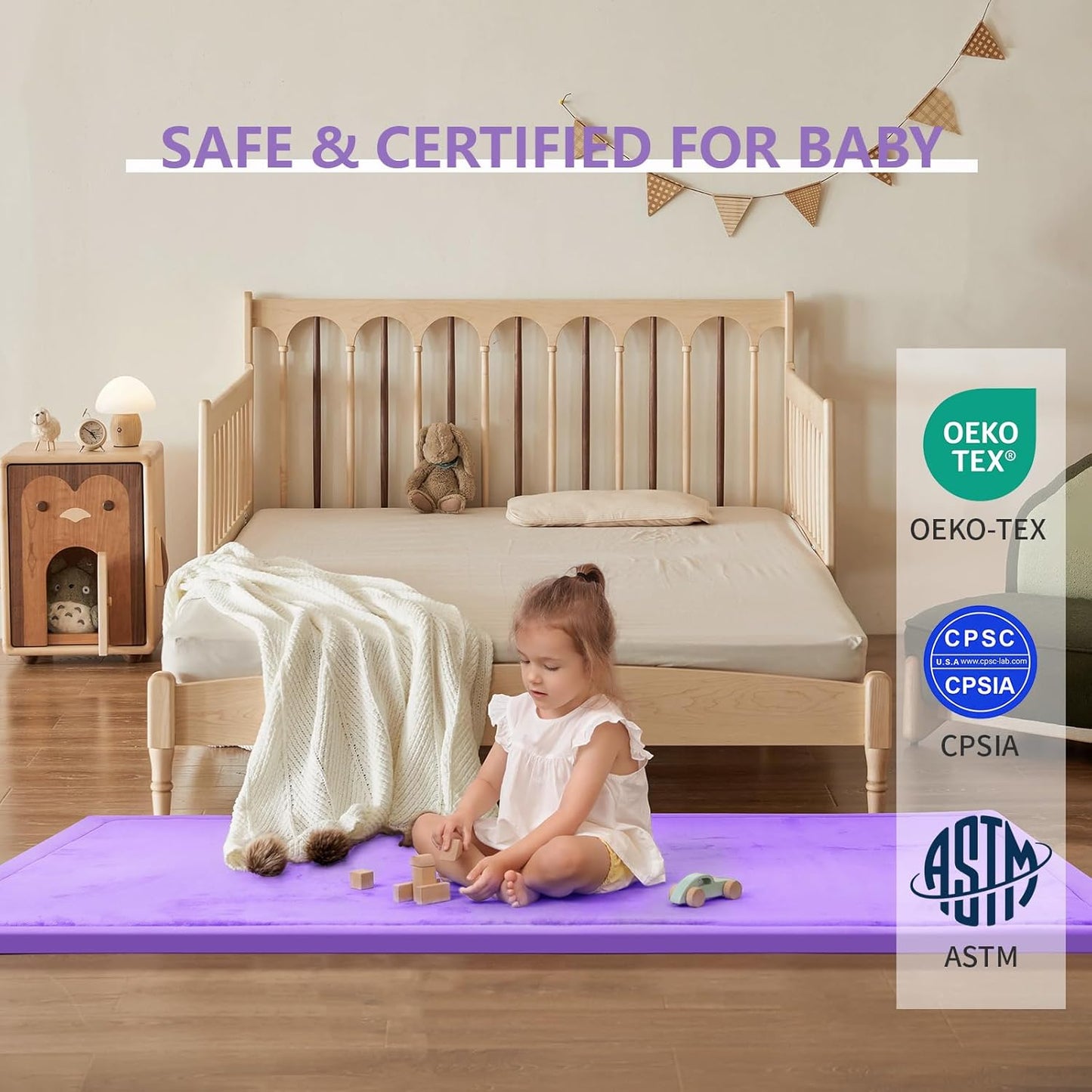 Play Mat for Babies Toddlers,1.3" Thick Elasti-Foam Anti-Fall Cushion Mat for Kids Room,28×72 Bedroom Bedside Rugs,Water-Repellent Soft Coral Velvet(Lavender)